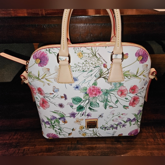 Dooney & Bourke Handbags - Dooney & Bourke White Floral Satchel with Tan Handles